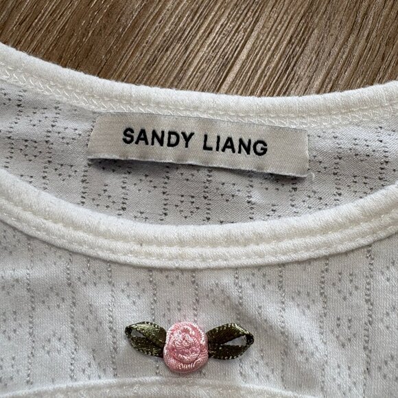 Sandy Liang Cut-Out Orbit Top size S small off-white pointelle ribbed knit shirt - Picture 4 of 10